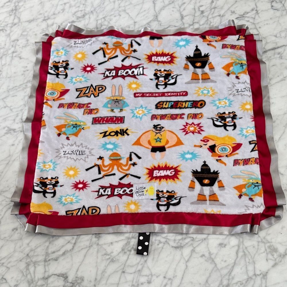 Little Yellow Chick Minky Superhero Kids Lovey Tab Blanket Red and Gray Trim